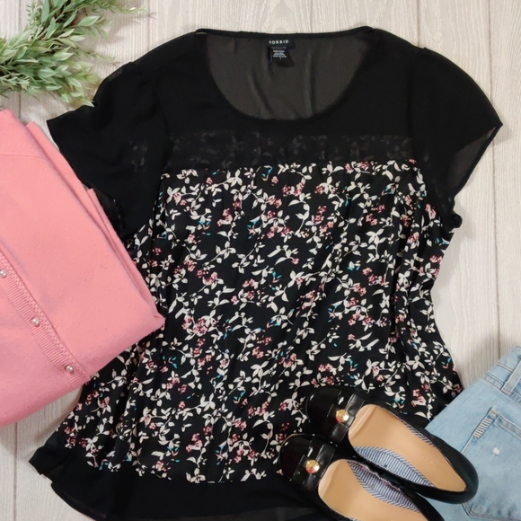 torrid Tops - TORRID  black floral sheer top blouse